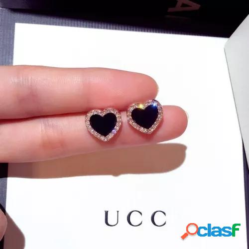 Elegant 18k rose gold black sapphire diamond cz heart stud earrings ear studs wedding jewelry for women