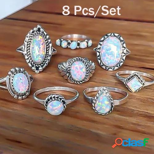 8pcs/set rings set sterling natural gemstone fire opal diamond ring engaget jewelry retro simple rings set