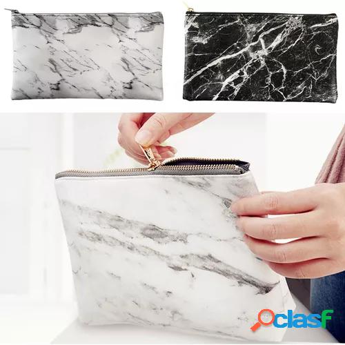 Women fashion zipper pu leather marbled portable cosmetic bag make up storage bag