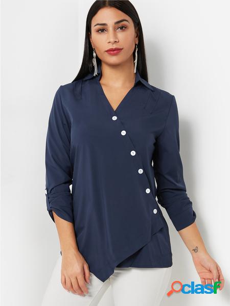 Yoins maniche lunghe con scollo a v tinta unita con bottoni obliqui blu camicia Yoins maniche lunghe con scollo a v tinta unita con bottoni obliqui blu camicia