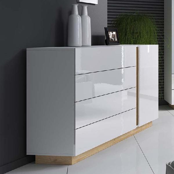 Comò moderno con cassetti 138x91cm bianco lucido rovere Noa