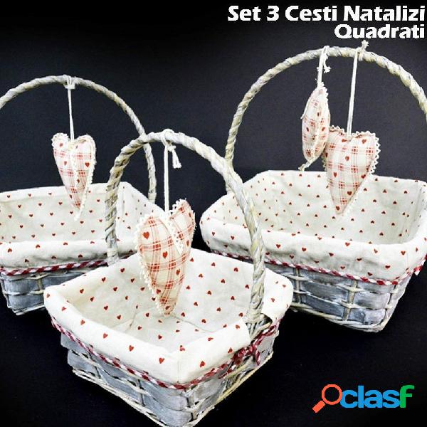 Set 3 cestini natalizi quadrati in vimini e tessuto diametro 38/33/28 cm grigio