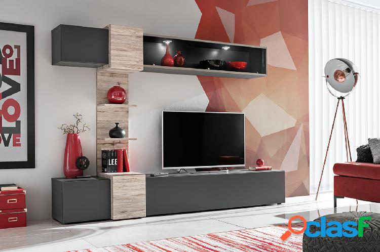Riolle - parete attrezzata da salotto con led e libreria colore grigio e quercia natura Riolle - parete attrezzata da salotto con led e libreria colore grigio e quercia natura