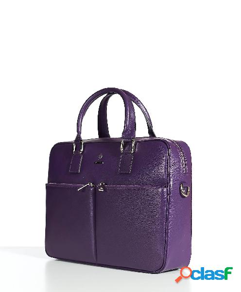 Borsa ventiquattrore in pelle di vitello viola saffiano con doppia tasca