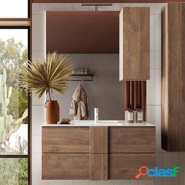 Mobile bagno sospeso 1 lavabo con specchio e colonna 100x171cm rovere alvarez