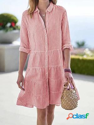 Fashion casual striped lapel long sleeve short dress Fashion casual striped lapel long sleeve short dress