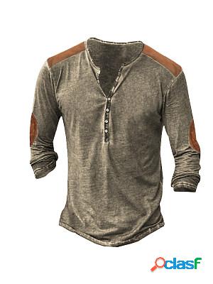 Men's Retro Stitching Color Contrast Henley Long Sleeve T-Shirt