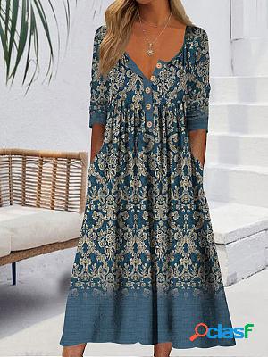 Round neck casual loose floral print long sleeve midi dress