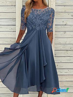 Round neck casual loose lace panel short sleeve midi dress Round neck casual loose lace panel short sleeve midi dress