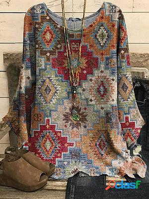 Round Neck Ethnic Geometric Print Loose Long-sleeved Blouse