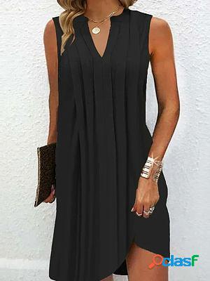 V-neck loose casual pleated holiday sleeveless short dress