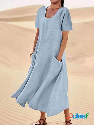 Round neck loose casual solid color short-sleeved midi dress Round neck loose casual solid color short-sleeved midi dress