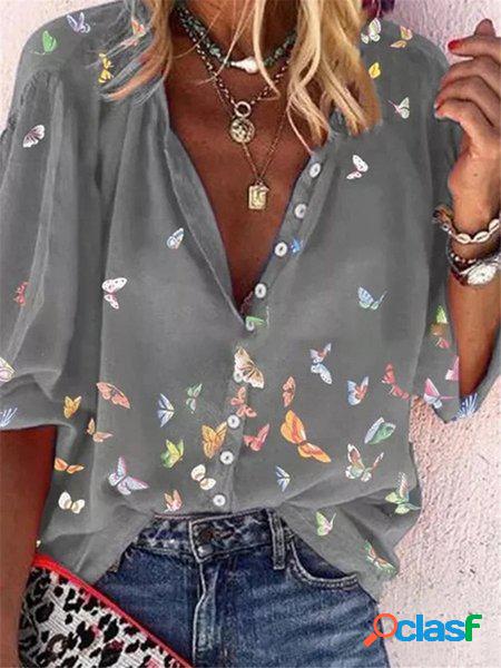 Colorato Farfalla Stampare Chiffone Maniche Lunghe Camicia