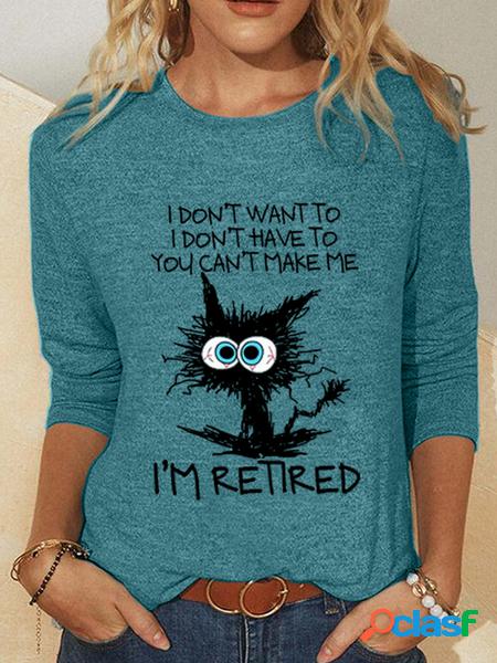 Donna Divertente Scontroso Gatto Pensionato Casuale Misto Cotone Camicia