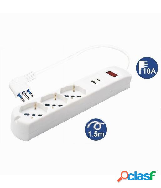 Trade shop - multipresa 5 in 1 usb a + c + 3 prese per schuko / bipasso / eu cavo 1.5mt 80081