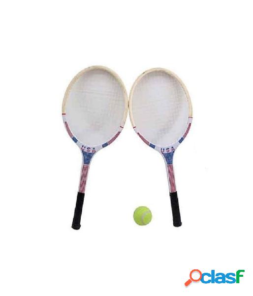 Trade shop - set 2 racchette da tennis legno usa bandiera americana con pallina verde 61 cm